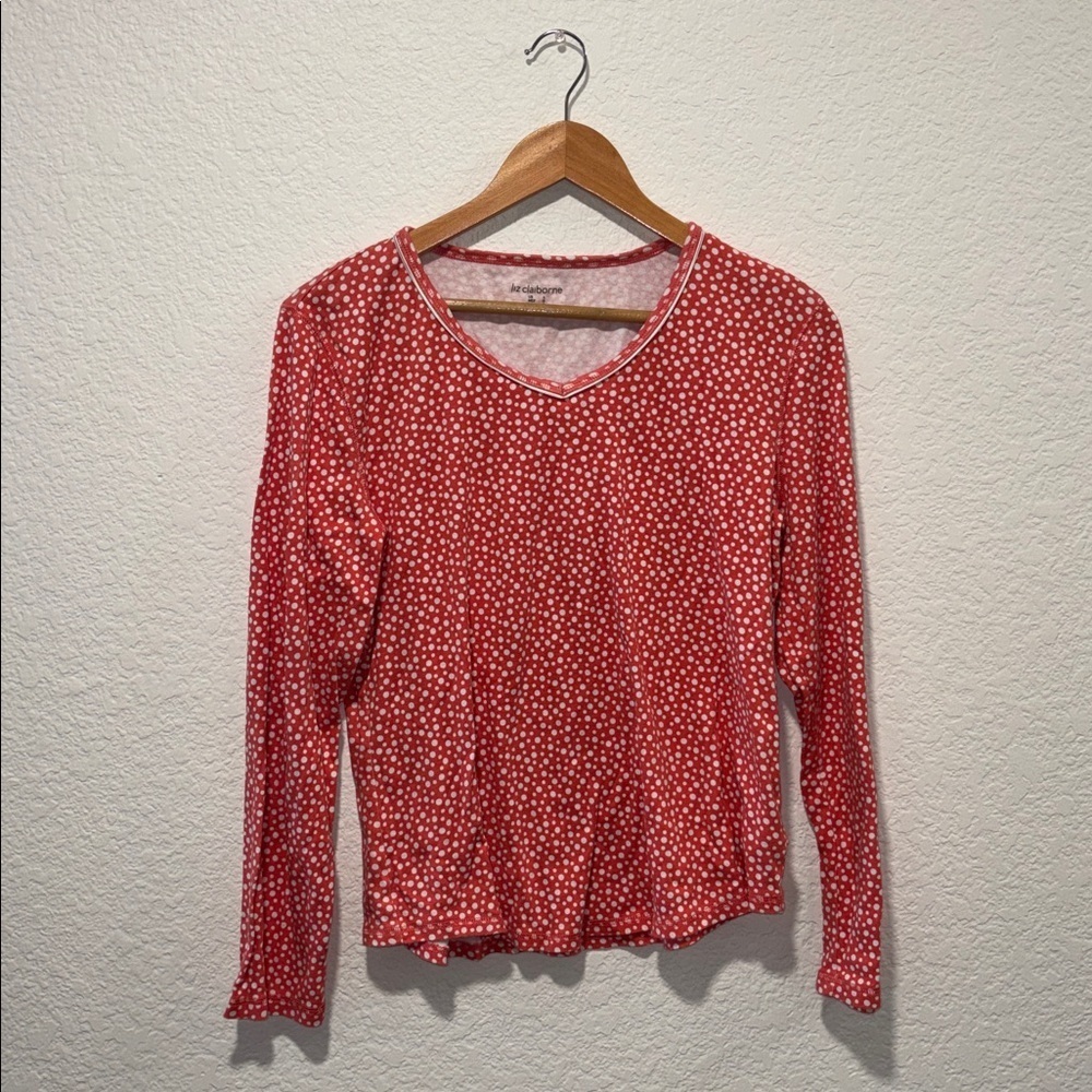 Liz Claiborne Polka Dot V-Neck Long Sleeve Top Size L Red White Cotton